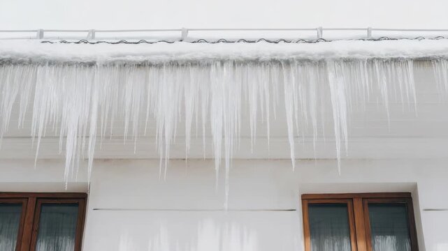 A row of large icicles dangles from a snowy rooftop, creating a striking winter scene above wooden framed windows. The frozen formations capture the essence of cold temperatures and seasonal hazards