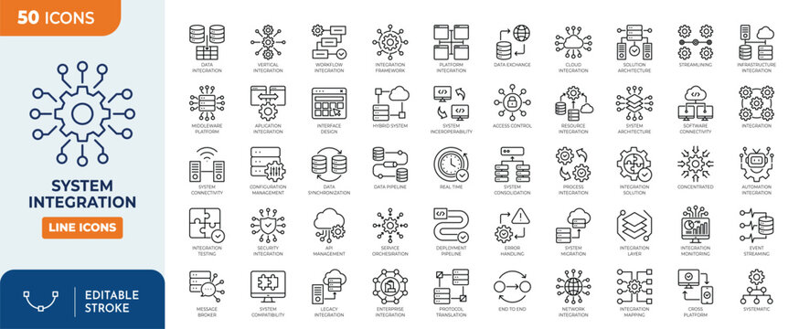 System Integration line editable icon set. Containing System Setup, Process Flow, Workflow Process, Initial Setup, Access Setup, Account Setup,  and more. editable stroke. Vector illustration