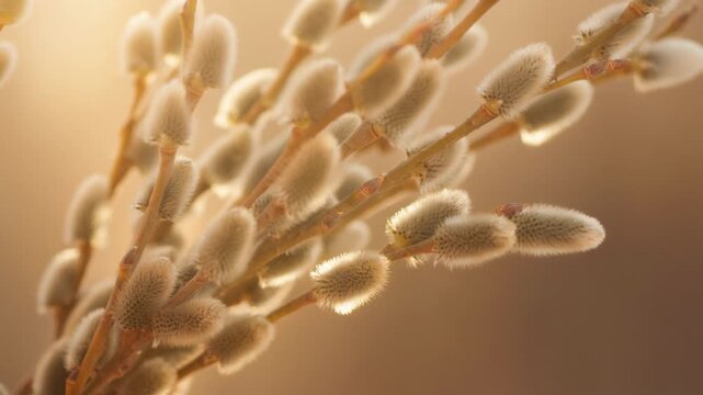 Soft fuzzy pussy willow catkins gently swaying in warm golden light capturing spring nature beauty