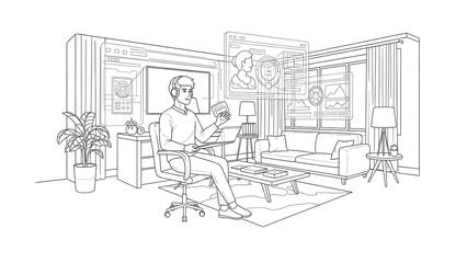 Obraz premium Man Working from Home with Futuristic Augmented Reality Interface and Holographic Dashboards Line Art