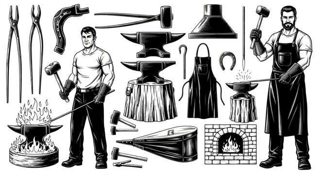 Blacksmiths working with tools and equipment, industrial illustration, craftsmanship background