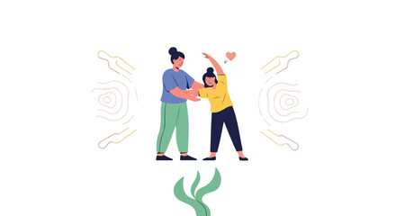 Obraz premium A vector illustration depicts a woman in a blue shirt helping another woman in a yellow shirt with stretches during a workout session.