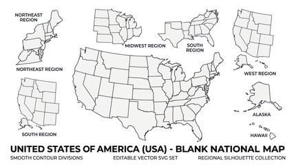 USA Blank Map Divisions Silhouette Collection Editable Vector SVG Set © Iwak