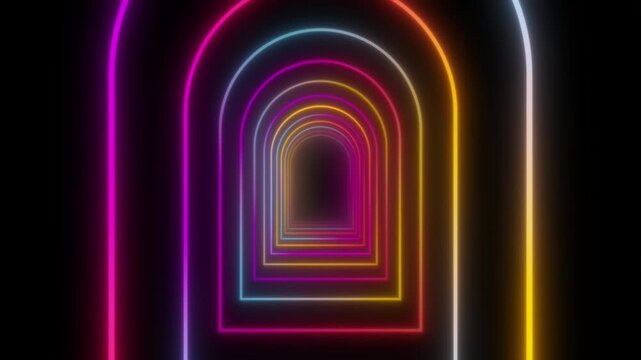 Abstract seamless looping animation of a colorful glowing neon archway tunnel. Retro futuristic illuminated light pathway background.