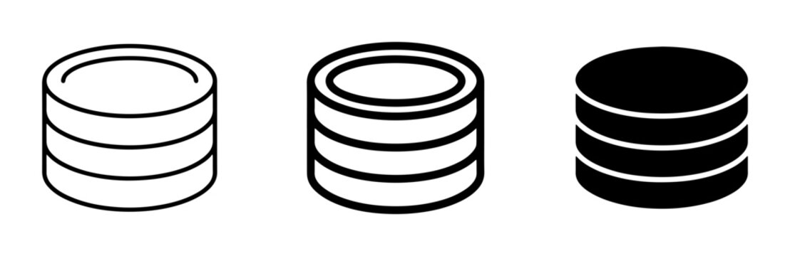Database icon set for data storage and management outline, solid and color styles, white background