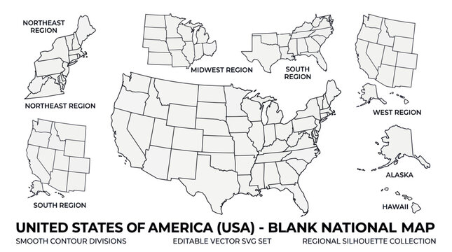 USA Blank Map Divisions Silhouette Collection Editable Vector SVG Set