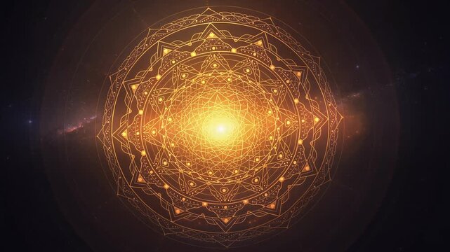 Glowing golden mandala slowly radiates light with intricate spiritual patterns and sacred geometry animation