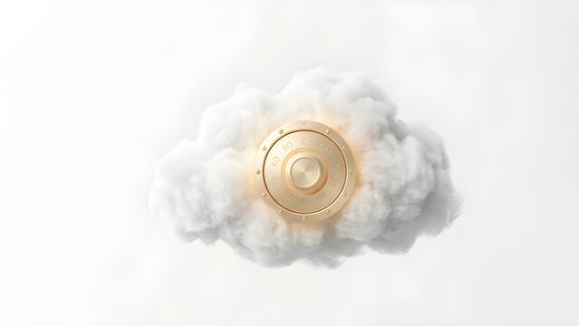 Minimalist surreal photo of a floating white cloud secured with a glowing golden combination lock dial.