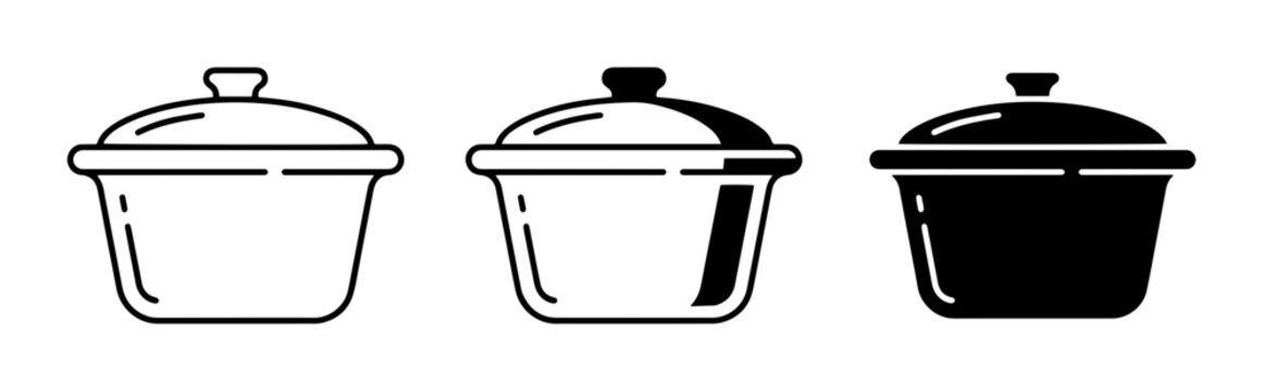 Cooking pot icon set for kitchen and food services outline, solid and color styles, white background