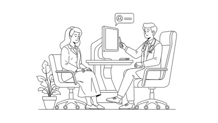 Fototapeta premium Male Doctor Consulting with Female Patient in Modern Clinic Office Using Computer for Health Diagnosis