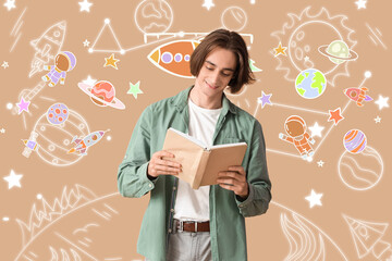 Fototapeta premium Young man reading book on beige background