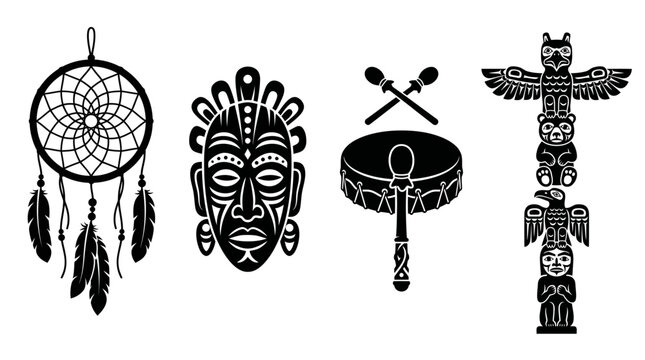 Traditional Tribal Cultural Artifacts and Indigenous Art Symbols Set