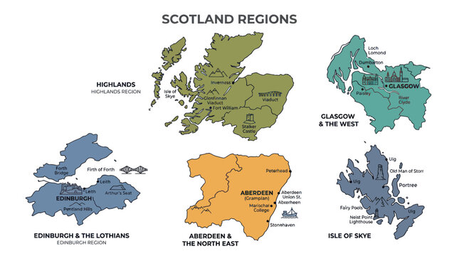Map of Scotland Regions: Highlands, Glasgow, Edinburgh, Aberdeen, Isle of Skye
