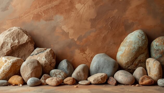 Mesmerizing natural stone assortment with warm earthy tones on wooden surface