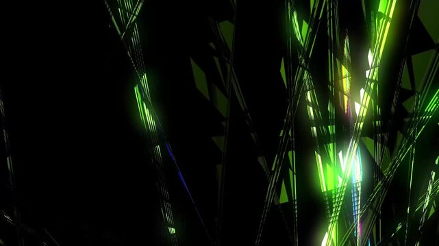 Abstract dark cyber background with chaotic glowing neon lines. Futuristic glitch texture and shattered geometric network animation.
