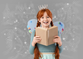 Naklejka premium Cute redhead fairy reading book on grey background