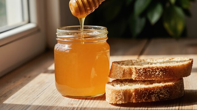 Golden honey pours from wooden dipper into glass jar. Slices of crusty bread rest on wooden table near window. Natural light illuminates delicious breakfast treat.