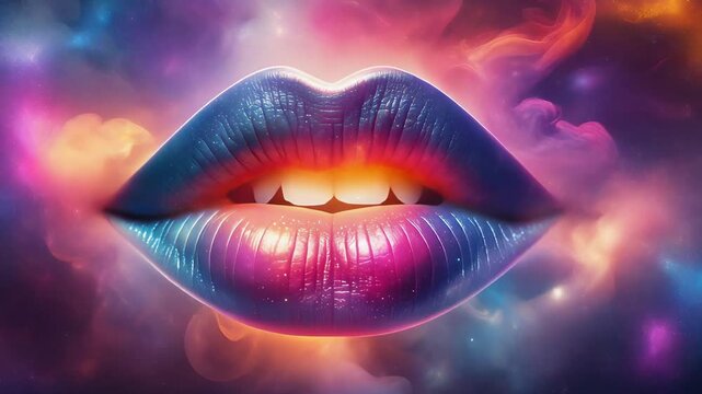 Surreal close up of colorful glowing lips shimmering with swirling vibrant colors and abstract light effects