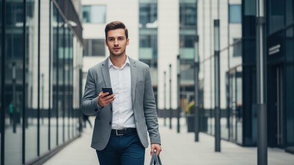 Fototapeta premium Businessman walking through modern city