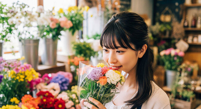 花屋で花束を手にする日本人女性