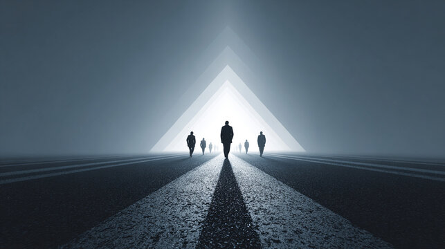 giant upward arrow road sculpture, parallel human figures walking separate lanes, white infinity backdrop, soft gradient tones, modern corporate symbolism