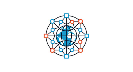 Global network icon with world map and nodes. © Engg