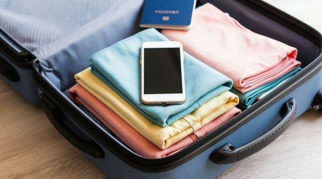 Open suitcase with neatly folded colorful clothes and smartphone. Passport placed on top for travel preparation. Efficient packing for holiday trip.