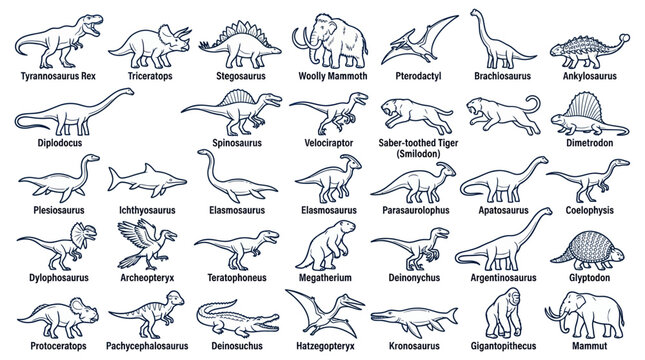 Dinosaur Collection Vector Icons: Prehistoric Creatures and Mammoths