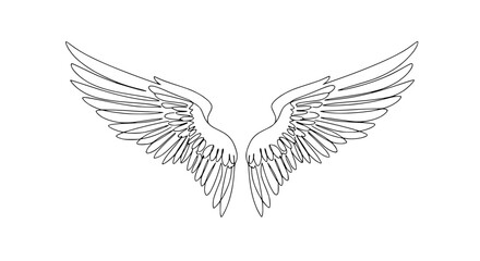 Fototapeta premium Elegant Feathered Wings Outline Drawing Isolated on White Background