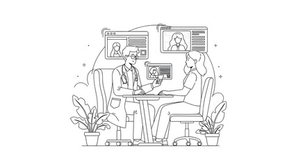 Obraz premium Professional Doctor Consulting Female Patient Online via Digital Platforms in Flat Line Art Style