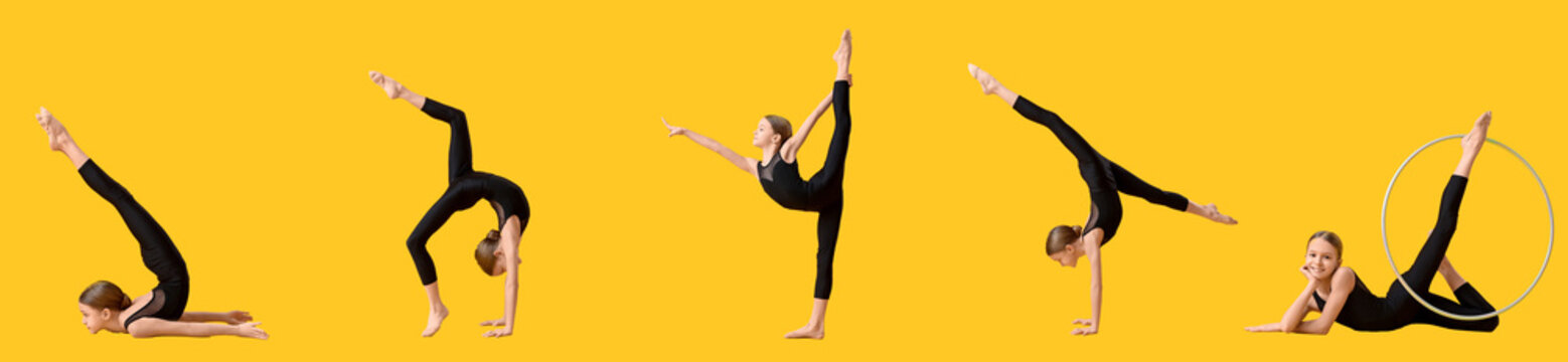 Young girl practicing rhythmic gymnastics poses, flexibility and balance training, athletic performance and childhood development