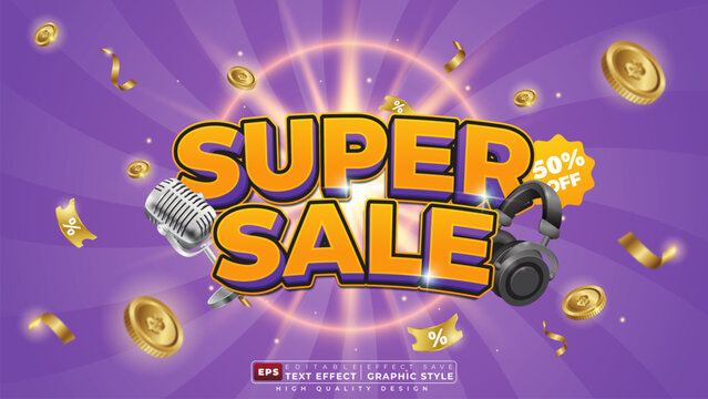 Editable 3d text effect super sale with headphone for banner template design