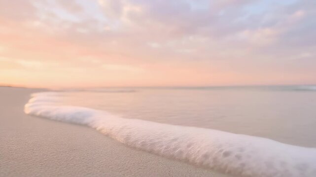 Seashell on smooth sandy beach during peaceful sunrise with soft pastel sky and calm ocean waves