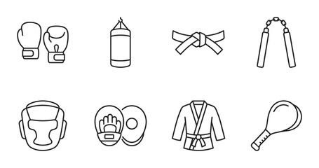 Martial Arts and Boxing linear icon set boxing gloves, punching bag, karate belt, nunchucks, headgear, pads, gi, striking paddle, UI and web interface design © Bundleprohub