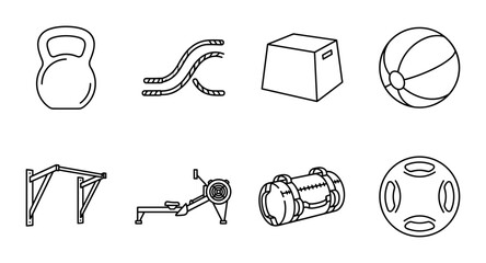 10 Fitness Equipment linear icon set kettlebell, rope, box, ball, pull up bar, rower, bag, medicine ball, UI and web interface design © Bundleprohub