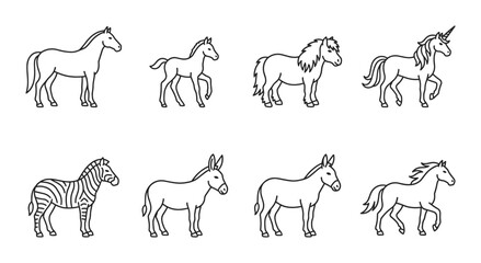 8 Equine linear icon set horse zebra donkey unicorn foal mane tail, UI and web interface design © Bundleprohub