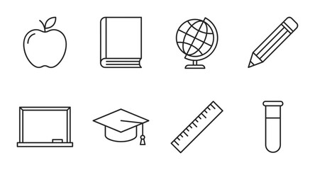 8 School Supplies linear icon set apple book globe pencil blackboard graduation cap ruler test tube, UI and web interface design © Bundleprohub