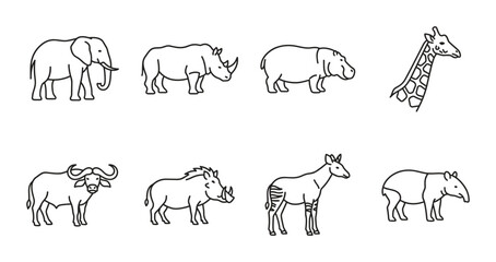 8 African Animals linear icon set elephant rhino hippopotamus giraffe buffalo warthog antelope tapir, UI web interface design © Bundleprohub