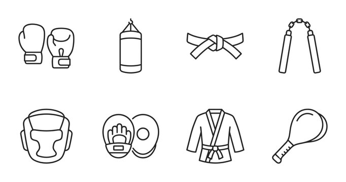 Martial Arts and Boxing linear icon set boxing gloves, punching bag, karate belt, nunchucks, headgear, pads, gi, striking paddle, UI and web interface design