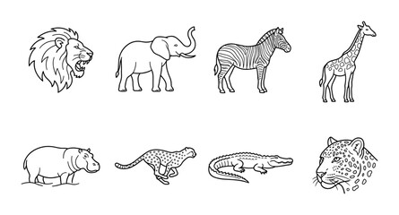 8 African Animals linear icon set lion elephant zebra giraffe hippo cheetah crocodile leopard, UI and web interface design © Bundleprohub