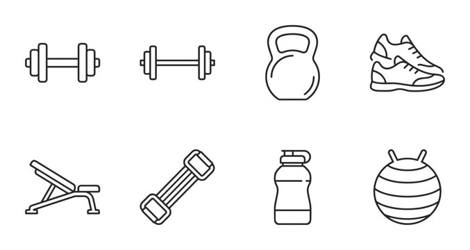 8 Fitness linear icon set dumbbells kettlebell sneakers bench resistance band water bottle exercise ball, UI web interface design