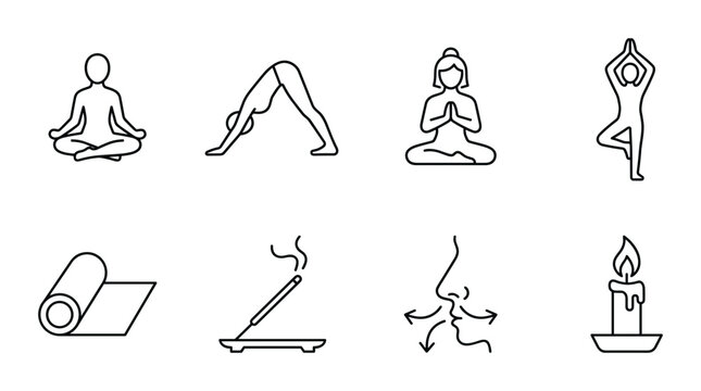8 Yoga Poses linear icon set meditation, downward dog, tree pose, incense, candle, yoga mat