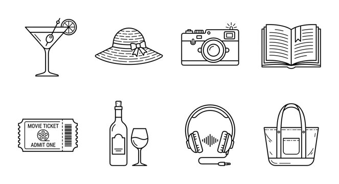 8 Leisure linear icon set cocktail hat camera book ticket wine headphones bag, UI and web interface design