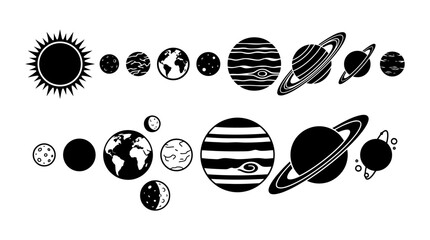 Black Silhouette Solar System Planets and Sun Vector Icon Collection © Tulippp