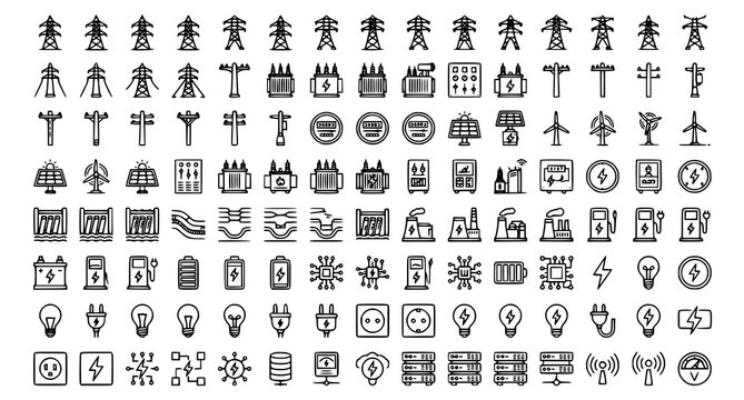 Electric tower and power industry icon collection with transmission and energy symbols vector illustration