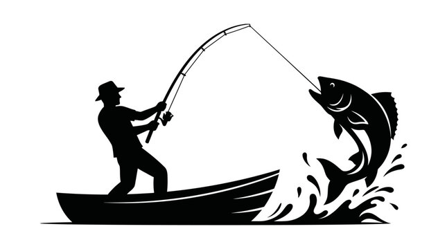 Silhouette of a Fisherman in a Boat Catching a Large Fish