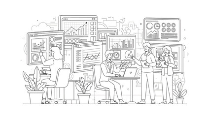 Obraz premium Business team analyzing financial data on digital dashboard screens in modern office line art illustration