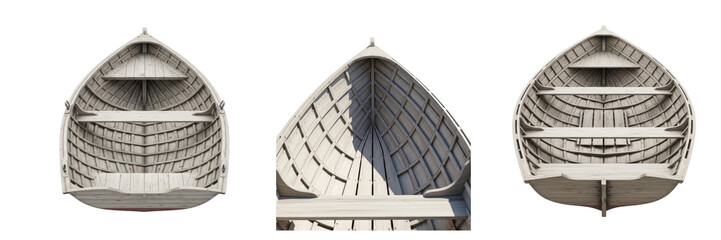 Set of wooden rowboat prow looking out from inside the boat isolated on transparent background symmetrical vintage timber canoe element for lake fishing and rowing themes © Tor
