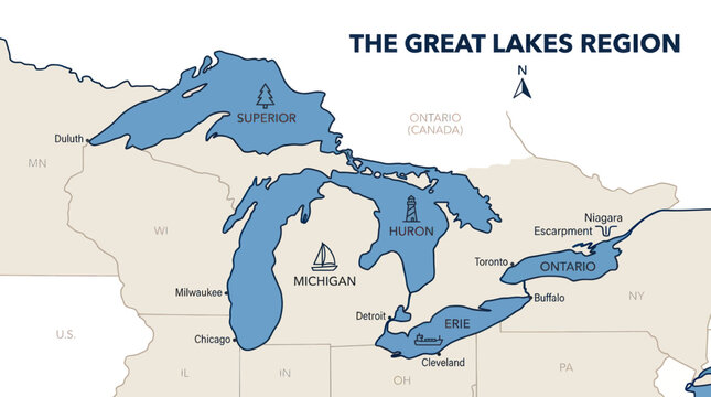 Map of the Great Lakes Region, North America: Superior, Michigan, Huron, Erie, Ontario