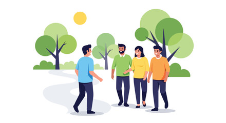 A man in a blue shirt greets a group of three friends while walking along a winding path in a sunny green park with stylized trees. © Coey